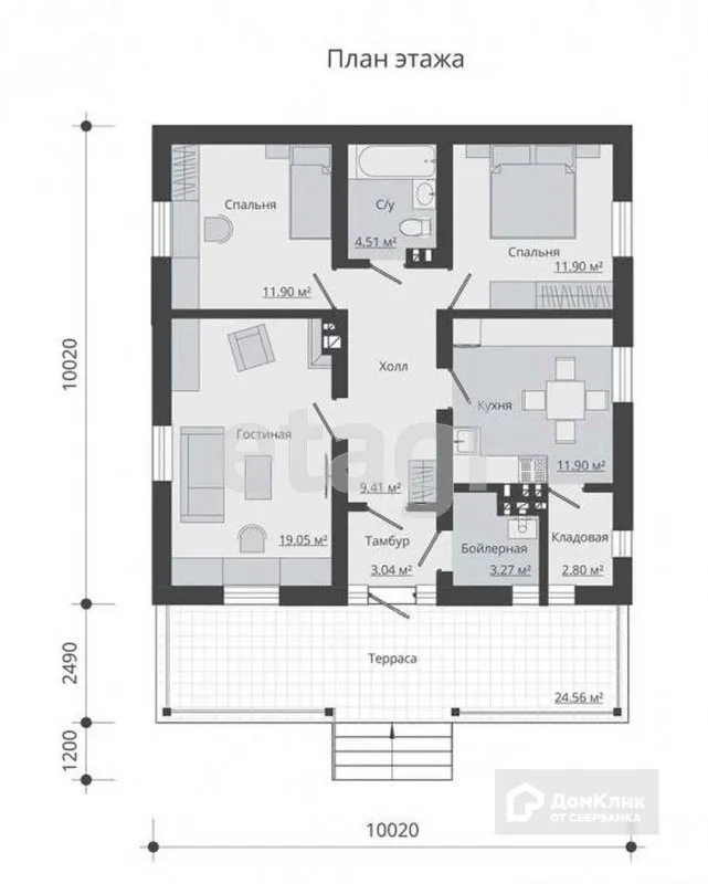 Проект одноэтажного дома с террасой до 150 м2 с 3 спальнями 2 санузлами