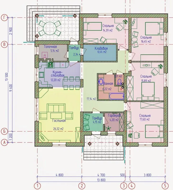 Проект пятикомнатного одноэтажного дома