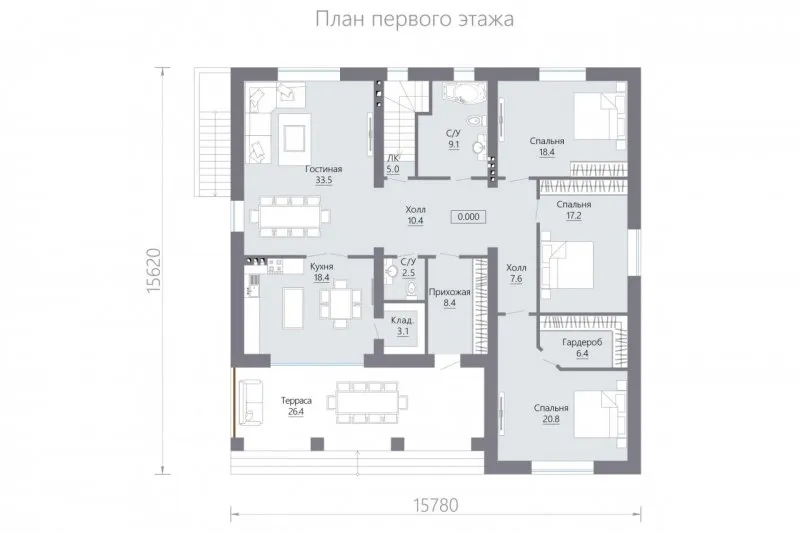 Одноэтажный дом 160м2 планировка с 4 спальнями