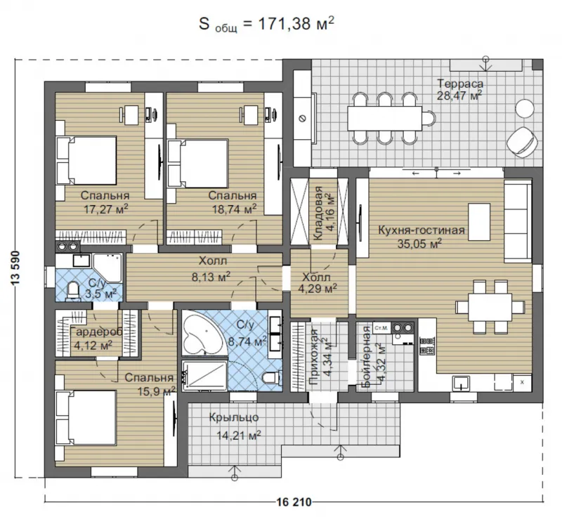 План одноэтажного дома 170 кв м