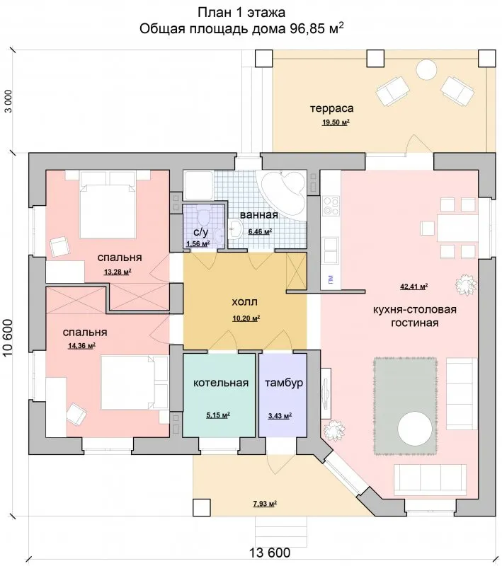 План одноэтажного дома с 3 спальнями и кухней гостиной 80 кв