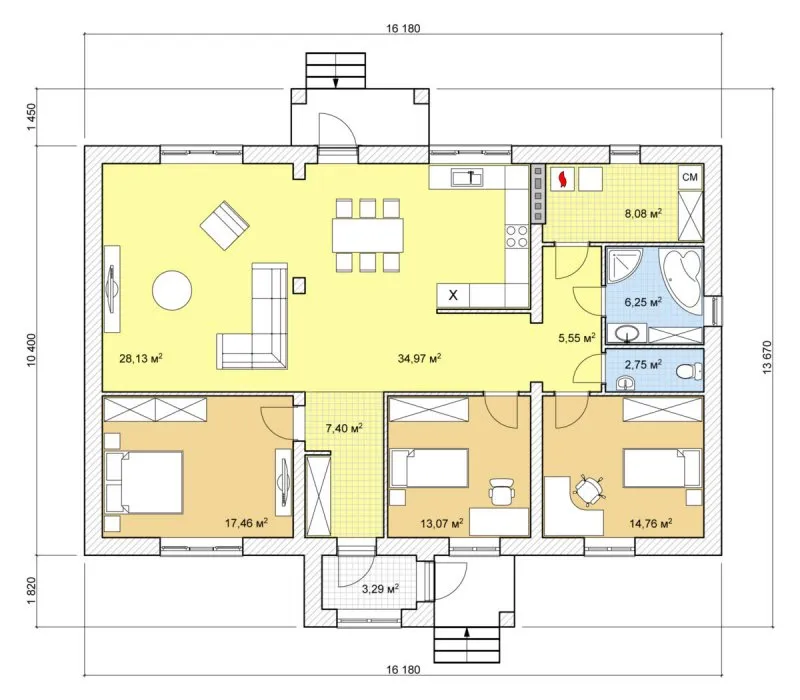 Планировки домов одноэтажных 100 м2 с тремя спальнями и сауной