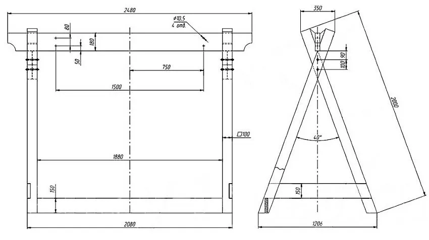 Чертеж опорной части для деревянных садовых качелей
