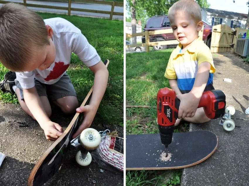Детские качели из скейтборда, шаг 2: демонтаж роликов с доски и сверление в ней отверстий