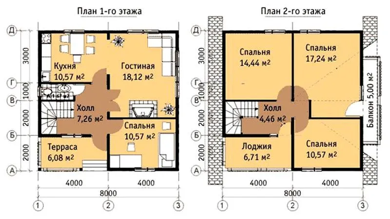 План двухэтажного дома 8 на 8 метров
