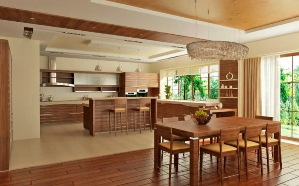 дизайн зала с кухней в частном доме с панорамными окнами 