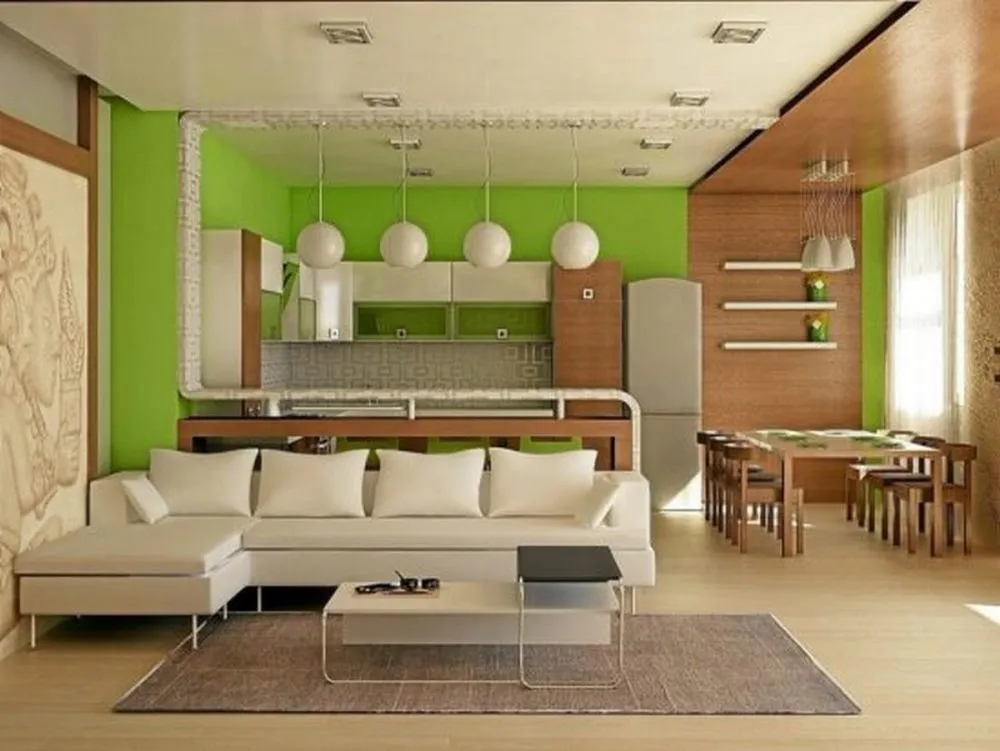 дизайн зала с кухней в частном доме зонирование цветом 