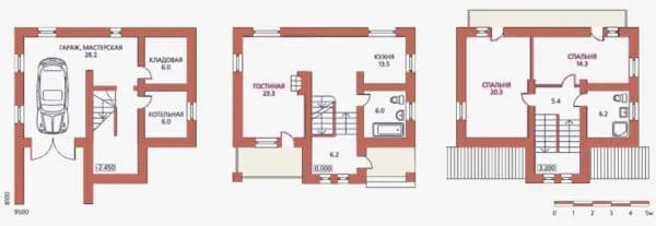 Планировка двухэтажного дома с гаражом и подсобными комнатами на цокольном этаже