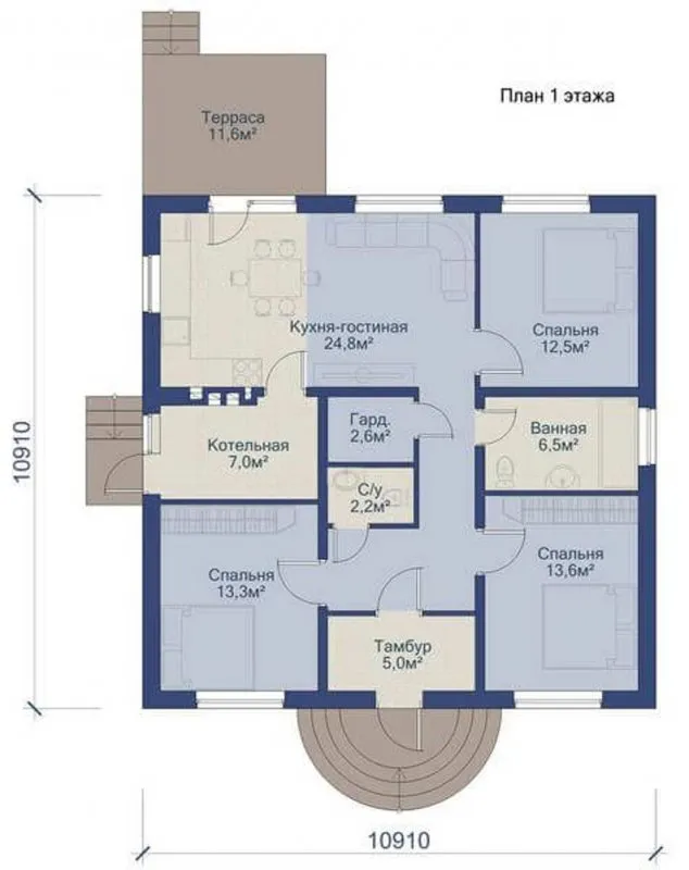 План дома 9 на 9 одноэтажный с 3 спальнями
