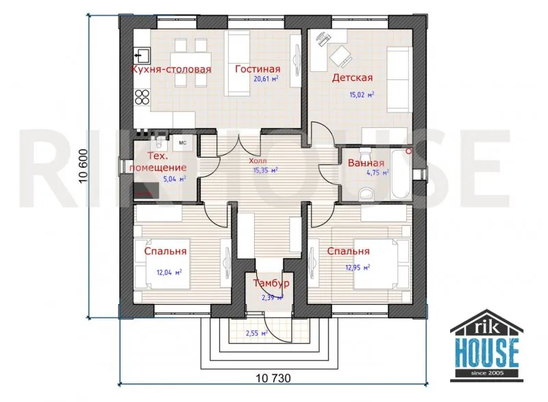 Планировка одноэтажного дома 11х11 с 3 спальнями
