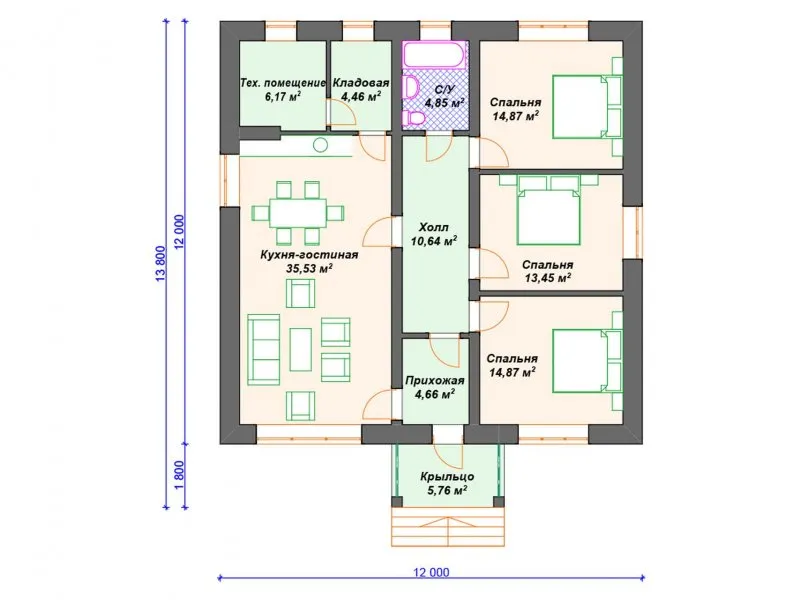 Проекты одноэтажных домов 12х12 планировка с размерами