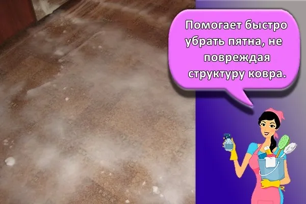Помогает быстро убрать пятна, не повреждая структуру ковра.