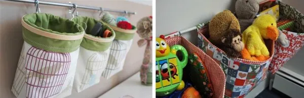 Кармашки или мешочки на трубе - еще одна идея для хранения игрушек в детской