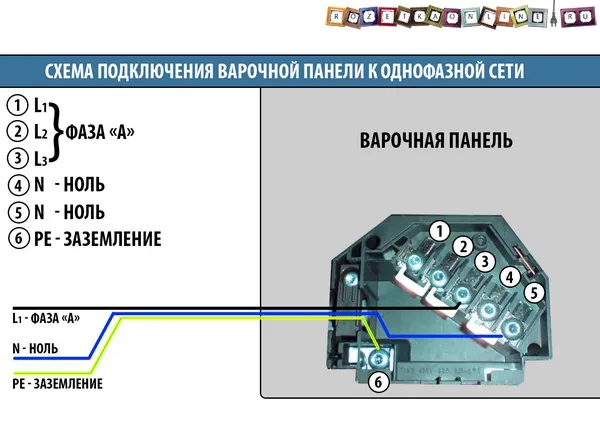 Схема подключения варочной панели к однофазной сети